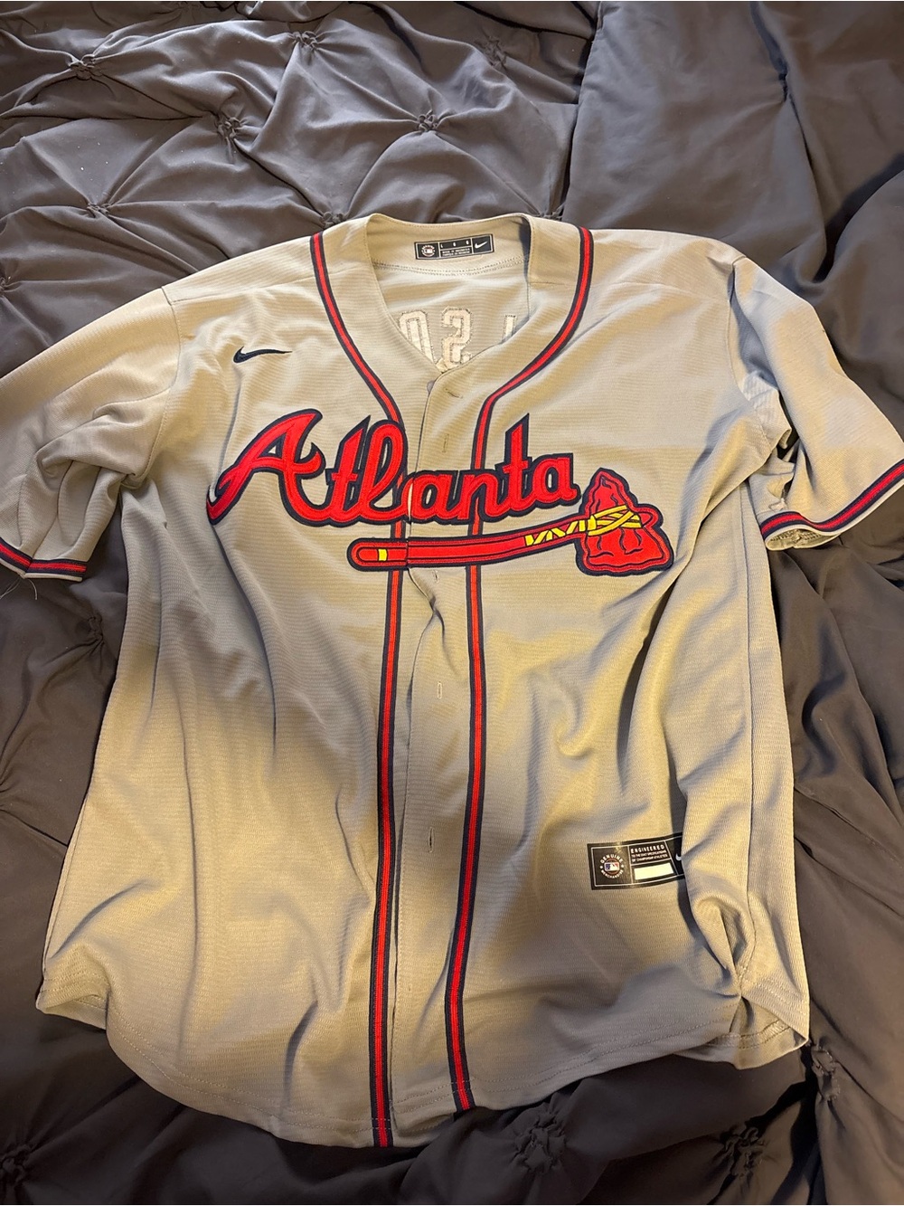 Nike Atlanta Gray Baseball Jersey with Red and Black Trim